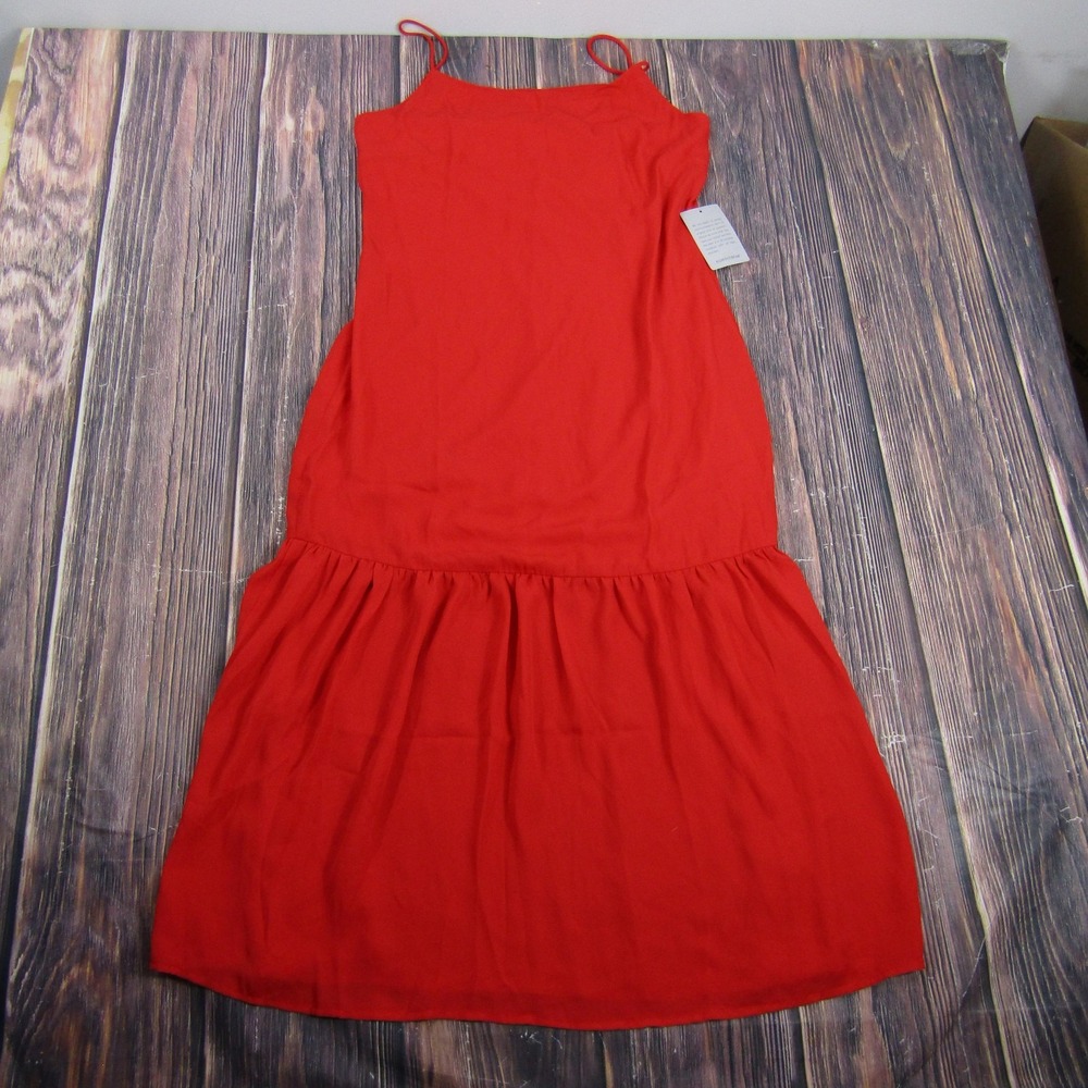 NSR Dress Womens Large Red Spaghetti Strap Midi Ruffle Hem Made in USA CD10988